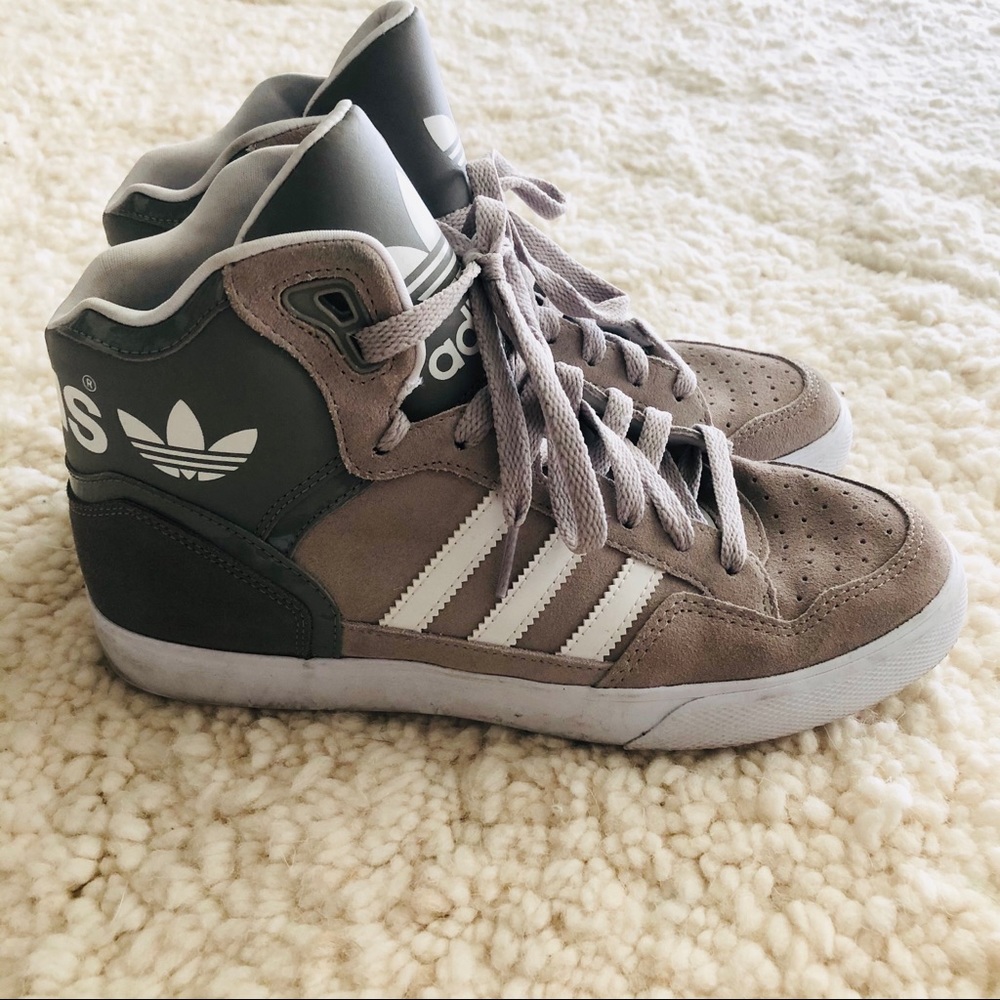 grey suede Adidas high top sneakers